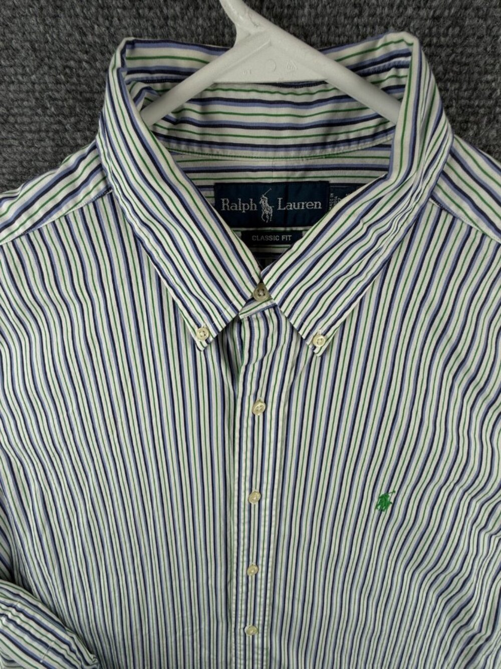 Ralph Lauren Men Button Up Shirt Striped Green Lavender Classic 17 34/35 Adult